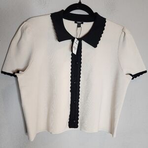 NWT Express Knit Scalloped Trim Crop Button Polo Short Sleeve Top M Ivory Black